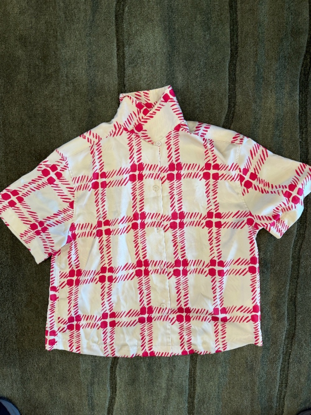 MARNI; SHORT SLEEVE MANDARIN COLLAR, 100% SILK/SATIN, RED, CREAM CHECK PRINT, L
